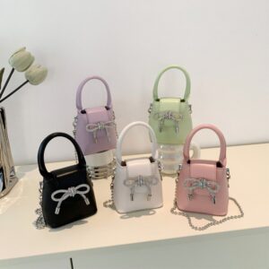 Kids Girls Fashion Casual Bow Rhinestone Chain Solid Color Crossbody Bag