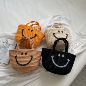 Children Kids Baby Fashion Girls Smiling Face Straw Woven Bucket Bag