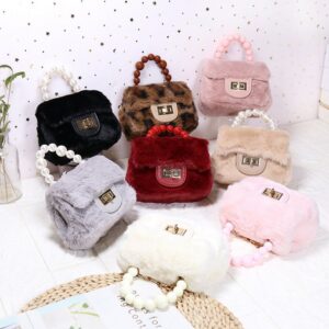 Kids Cute Solid Color Plush Pearl Metal Chain Small Square Handle Crossbody Bag
