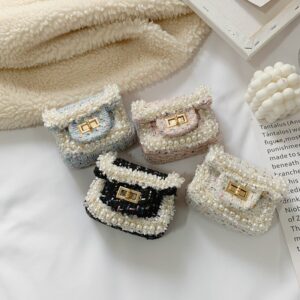 Girls Creative Pearl Decor Small Square Metal Chain Crossbody Bag