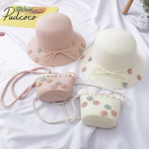 Kids Girls Sweet Straw Breathable Sun Hat And Crossbody Bag Set