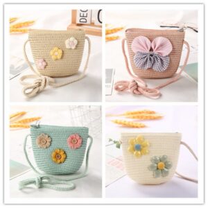Kids Girls Fashion Straw Textile Bucket Light Crossbody Bag