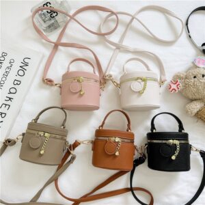 Kids Girls Fashion Solid Color Litchi Grain PU Crossbody Bucket Bag