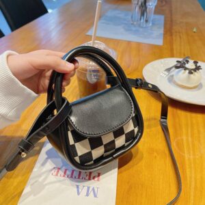 Kids Girls Fashion Casual Cute Houndstooth Plaid Print PU Crossbody Handle Bag