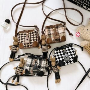 Kids Girls Casual Cute British Style Quilted Crossbody Bucket Bag