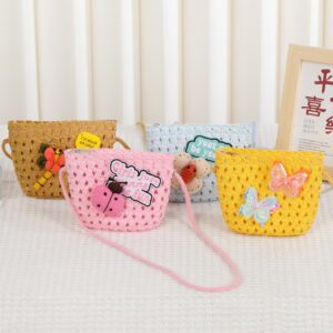Kids Girls Fashion Sweet Cute Cartoon Pattern Straw Woven Hollow Zipper Crossbody Bag