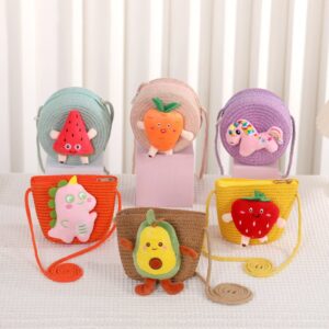 Kids Girls Fashion Sweet Cute Cartoon Pattern Straw Woven Zipper Crossbody Bag