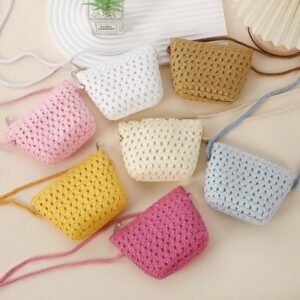 Kids Girls Fashion Sweet Cute Solid Color Straw Woven Hollow Zipper Crossbody Bag