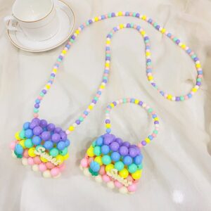 Kids Girls Fashion Sweet Candy Color Beads Woven Handle Crossbody Bag