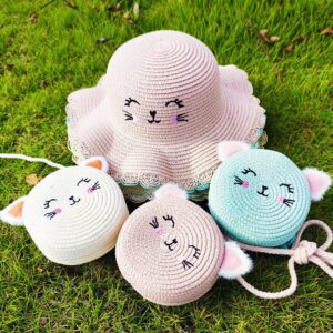 Kids Girls Casual Cute Sweet Cartoon Kitten Print Straw Woven Hat Crossbody Bag