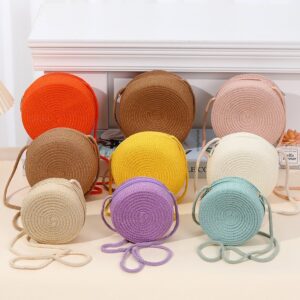 Kids Girls Fashion Casual Cute Candy Color Round Straw Woven Crossbody Bag