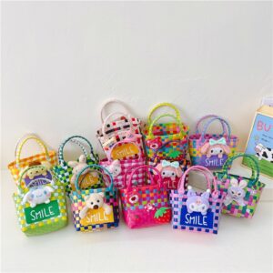 Kids Girls Fashion Casual Cute Cartoon Animal Multicolor Plaid Woven Handle Bag