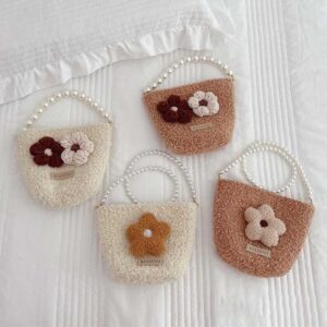 Kids Unisex Fashion Casual Cute Floral Plush Pearl Handle Crossbody Bags