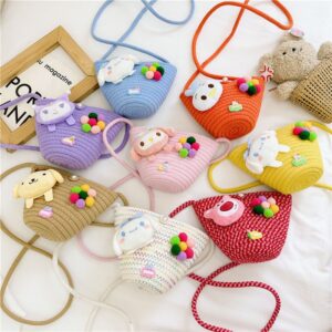 Kids Girls Fashion Sweet Cute Color Floral Cartoon Puppy Kitten Straw Woven Crossbody Bag