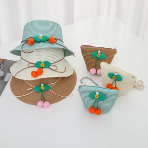 Children Kids Baby Fashion Cherry Straw Hat Crossbody Bag