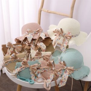 Children Kids Baby Fashion Flower Print Bowknot Straw Hat Crossbody Bag
