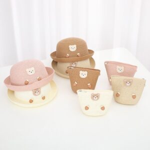Children Kids Baby Fashion Cartoon Bear Straw Hat Crossbody Bag