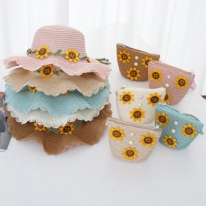 Children Kids Baby Fashion Cartoon Sunflower Straw Hat Crossbody Bag