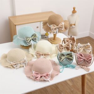 Children Kids Baby Fashion Bow Knot Straw Hat Crossbody Bag