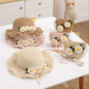 Children Kids Baby Fashion Flower Straw Hat Crossbody Bag
