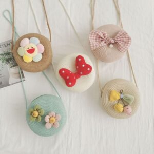 Children Kids Baby Fashion Girls Cartoon Woven Straw Round Shoulder Bag