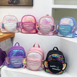 Children Kids Toddlers Fashion Girls Cartoon Sequins Heart Wig Pattern Backpack