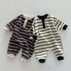 Kids Baby Boys Fashion Casual Spring And Autumn Stripe Long-Sleeve Jumpsuit