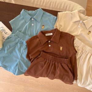 Kids Casual Cartoon Embroidery Lapel Sleeveless Loose Top And Elastic Waist Shorts Set