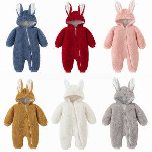 Autumn Winter Baby Cute Plush Solid Color Hooded Rompers