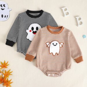 Baby Fashion Cute Autumn And Winter Ghost Embroidery Waffle Stripe Long Sleeve Rompers