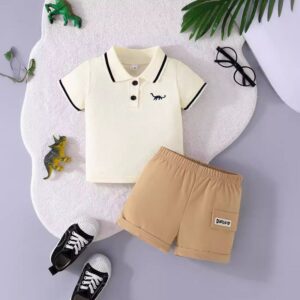 Baby Boy Fashion Casual Contrast Color Lapel Short-Sleeve T-Shirt Loose Shorts Two-Piece Set