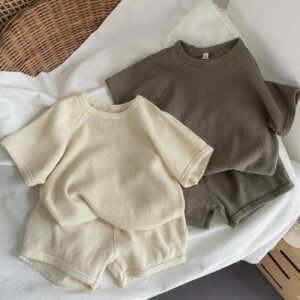 Boys Fashion Casual Solid Color Round-Neck Short Sleeve Loose Shorts Two-Piece Set