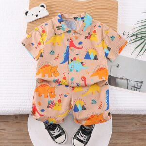 Kids Baby Boys Casual Cute Cartoon Print Short Sleeve Lapel Shirt Shorts Sets