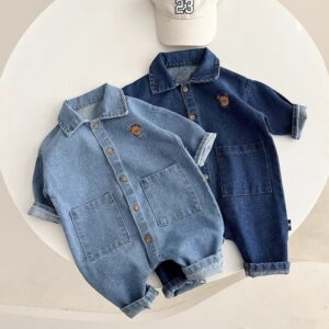 Baby Girls Boys Bear Embroidery Short Sleevv Denim Rompers