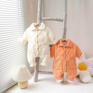 Kids Baby Boys Girls Autumn Winter Casual Cute Solid Color Fleeces Long Sleeve Lapel Romper