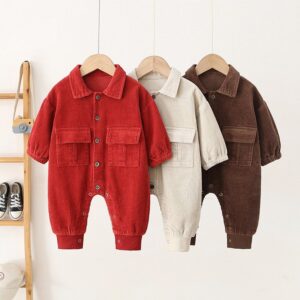 Kids Baby Boys Fashion Casual Solid Color Corduroy Long Sleeve Lapel Romper