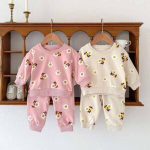 Kids Baby Boys Girls Casual Cute Cartoon Bear Flower Print Long Sleeve Sweatshirts Pants Sets