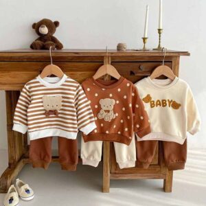 Kids Baby Boys Girls Casual Cute Cartoon Bear Stripe Polka Dot Print Long Sleeve Sweatshirts Pants Sets