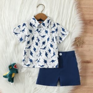 Kids Baby Boys Casual Cute Dinosaur Print Short Sleeve Lapel Shirt Shorts Sets