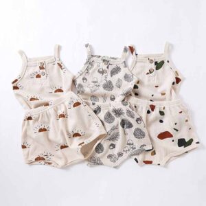 Kids Baby Boys Girls Casual Cute Waffe Tiny Flower Print Sleeveless Camisole Shorts Sets