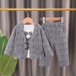 Kids Baby Boys Party Casual British Style Plaid Print Long Sleeve Coat False Two-Piece T-Shirt Trousers Set