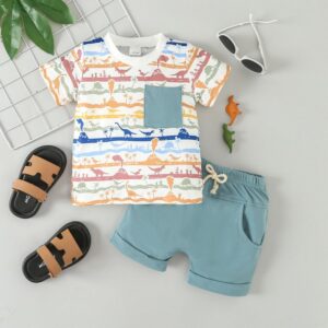 Kids Baby Boys Summer Casual Cute Dinosaur Print Short Sleeve T-Shirt Shorts Set