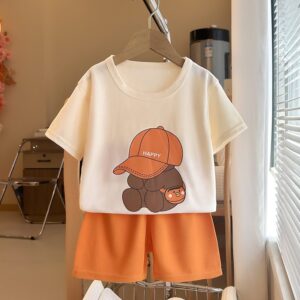 Kids Baby Boys Girls Casual Cute Cartoon Bear Print Short Sleeve T-Shirt Shorts Set