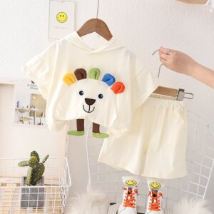 Toddlers Newborn Baby Fashion Boys Casual Short Sleeve Cartoon Hooded Top And Shorts 2pcs Set