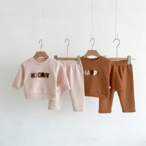 Kids Baby Boys Girls Casual Cute Waffle Letters Long Sleeve Sweatshirts Trousers Set