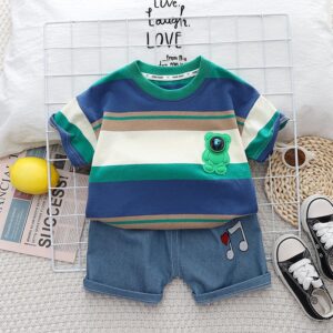 Boys Fashionable Stripe Short-Sleeved Top And Shorts Two-Piece Set