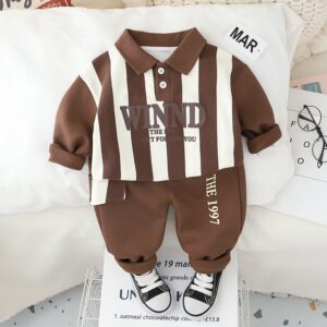 Fall Boys Fashionable Stripe Colorblock Sweatshirt And Pants Two-Piece Set