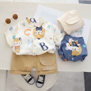 Boys Fashion Cartoon Letter Print Short Sleeve Shirt And Shorts Two-Piece Set