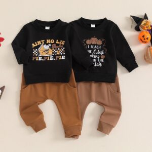 Kids Baby Boys Fashion Casual Halloween Cartoon Letters Print Long Sleeve Sweatshirts Trousers Set
