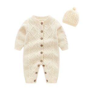 Winter Baby Simple Solid Color Single-Breasted Knitted One Piece And Hat